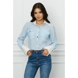Camasa DY Fashion scurta alba cu dungi bleu si mansete albe