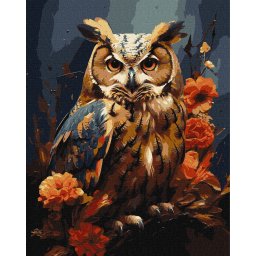 Set pictura pe numere, cu sasiu, Bufnita de padure - extra culori metalizate, 40x50 cm