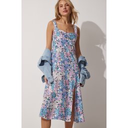 Fericire İstanbul femei roz albastru pătrat guler floral de vară viscoză rochie