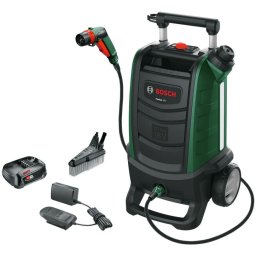 Aparat de spalat cu presiune pe acumulator Bosch Fontus 06008B6101, 18 V, 2.5 Ah, 20 bar presiune maxima, 15 l capacitate rezervor, 4 m lungime furtun, acumualtor, incarcator
