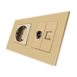Priza Schuko + TV + Internet cu Rama Din Sticla LUXION, Auriu, LX-1MP010/26/25G-G