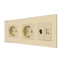 Priza Dubla Schuko + TV + Internet cu Rama Din Sticla LUXION, Auriu, LX-2MP010/26/25G-G