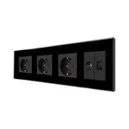 Priza Tripla Schuko + TV + Internet cu Rama Din Sticla LUXION, Negru, LX-3MP010/26/25G-B