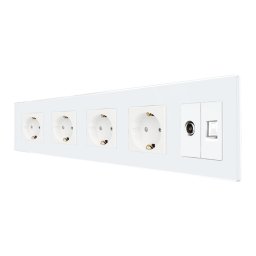 Priza Cvadrupla Schuko + TV + Internet cu Rama Din Sticla LUXION, Alb, LX-4MP010/26/25G-W