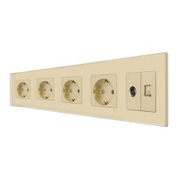 Priza Cvadrupla Schuko + TV + Internet cu Rama Din Sticla LUXION, Auriu, LX-4MP010/26/25G-G