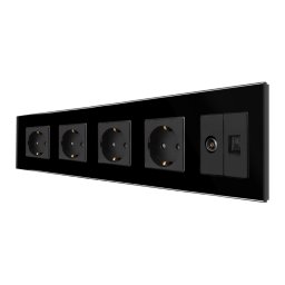 Priza Cvadrupla Schuko + TV + Internet cu Rama Din Sticla LUXION, Negru, LX-4MP010/26/25G-B