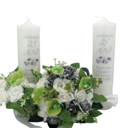Set 2 lumanari Nunta de Argint + buchet mireasa, verde si argintiu - ILIF408001