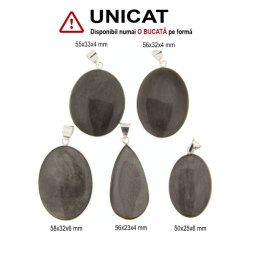 Pandantiv Obsidian Argintiu Natural cu Metal Alpaca - Picatura - Oval - 50-58 x 23-33 x 4-6 mm - 1 Buc