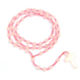 Colier Rozariu din Cuart Roz Natural Rotund 6 mm - Cruce 30x20 mm - 1 Buc