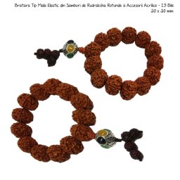 Bratara Tip Mala Elastic din Samburi de Rudraksha Rotunde si Accesorii Acrilice - 13 Bile - 20 x 20 mm