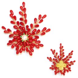 Brosa si Pandantiv din Coral Rosu - Perla de Cultura - 8x7 cm - Metal - 1 Buc