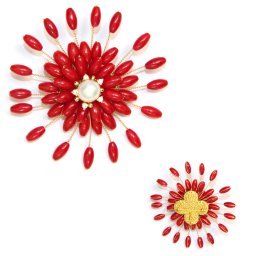 Brosa si Pandantiv din Coral Rosu - Perla de Cultura - 6x6 cm - Metal - 1 Buc