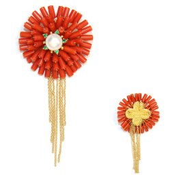 Brosa si Pandantiv din Coral Rosu - Perla de Cultura - 4x4 cm - Metal - 1 Buc