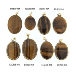 Pandantiv Ochi de Tigru Natural cu Alama Aurita - Oval - 45-57 x 24-33 x 5-9 mm - 1 Buc