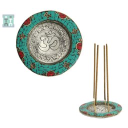 Suport Betisoare Parfumate Alama Argintata - Om - cu Intarsii de Piatre - 12x12 cm - 1 Buc