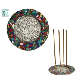 Suport Betisoare Parfumate Alama Argintata - Om - cu Intarsii de Piatre - 12x12 cm - 1 Buc