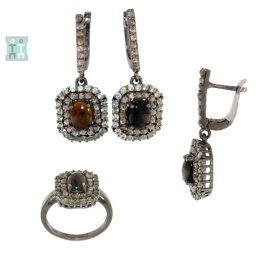 Set Cercei si Inel din Opal de Foc - Safir - Diamant - Argint 925 - 1 Set