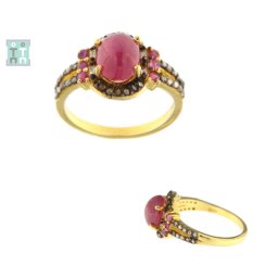 Inele din Argint 925 Placat cu Aur - Rubin GF - Rubelit - Diamant - Diametru 17,5 mm - 26x15x21 mm