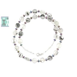Colier din Cuart Turmalina Neagra Disc Fatetat - 7x4 mm cu Hematit - Accesorii Argint 925 - 1 Buc