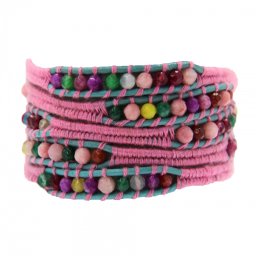 Bratara 5 wrap Agata Mixt rotund fatetat 4 mm cu snur roz si albastru