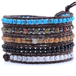 Bratara Howlit si Jasp Peisaj rotund 5 mm cu Unakit, Agata, Magnezit si Margele de Metal rotund 4 mm cu snur negru