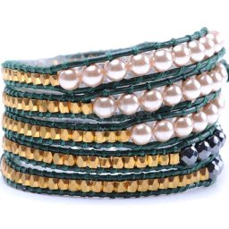 Bratara 5 wrap Acril Perlat rotund si Hematit rotund fatetat 6 mm cu nugget-uri metal 3 x 3 mm si snur verde
