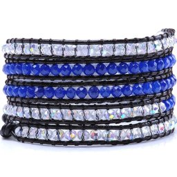 Bratara 5 wrap cu Sticla si Agata rotund fatetat 4 mm si snur negru