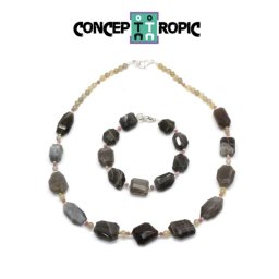 Set Colier - Bratara din Piatra Lunii Gri Neregulat - Agata Rotund - Accesorii Argint 925