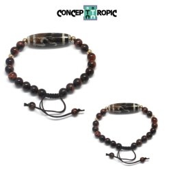 Bratara Ochi de Tigru Rosu cu Agata Tibetana Dzi - Rotund - Butoias Fatetat - Accesorii Gold Filled -1 Buc