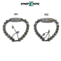 Bratara Labradorit Albastru cu Agata Tibetana Dzi - Rotund - Butoias - Accesorii de Argint 925 - 1 Buc