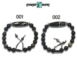 Bratara Obsidian Auriu cu Agata Tibetana Dzi - Rotund - Butoias - Accesorii de Argint 925 - 1 Buc