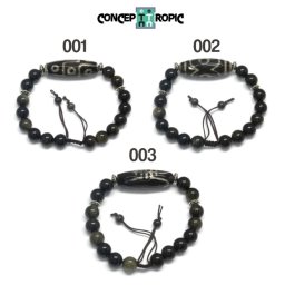 Bratara Obsidian Auriu cu Agata Tibetana Dzi - Rotund - Butoias - Accesorii de Argint 925 - 1 Buc