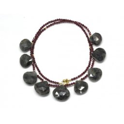 Colier Granat cu Piatra Lunii Gri Rotund - Briolete Fatetate - 14-18 x 14-18 mm - Accesorii Gold Filled