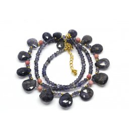 Colier Iolit cu Rodonit Briolete Disc Fatetate - 11-14 x 7-12 mm - Accesorii Gold Filled