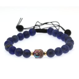 Bratara cu Lapis Lazuli si Hematit Cap de Buddha - Margele Gold Filled - Inchidere Siret - 8 mm