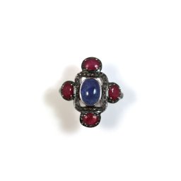 Inel argint 925 cu commercial diamond, tanzanit si rubin - Victorian style