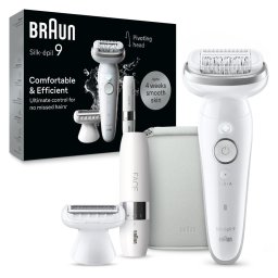 Epilator SES9-341 Silk epil 9 40 pensete, 2 viteze, 5 accesorii, SmartLight, MicroGrip, Wet&Dry, acumulator, Alb/Argintiu
