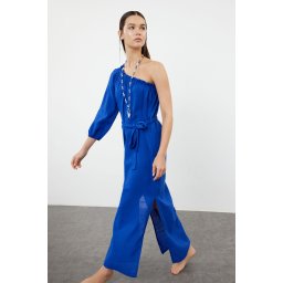 Trendyol Saxe Belted Maxi Woven Flounce/Ruffle Detailed Linen Blend One Shoulder Beach Dress
