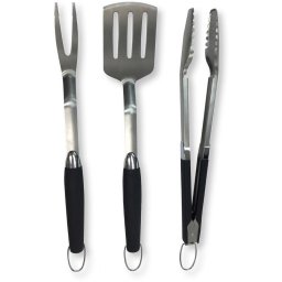 Set de 3 ustensile de grătar, spatulă, furculiță, clește, mânere din cauciuc, oțel inoxidabil, lungime 43,5-46 cm