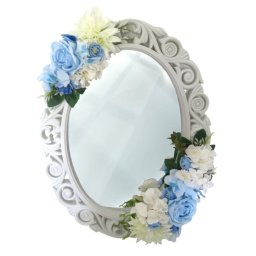 Oglinda miresei, forma ovala in stil victorian, lucrata cu flori de matase, model alb-bleu - ILIF408022