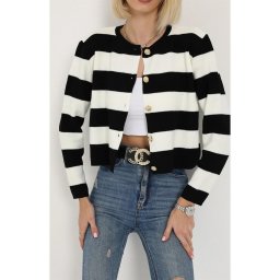 74390 Dewberry Crew Neck Striped Crop Cardigan-BLACK