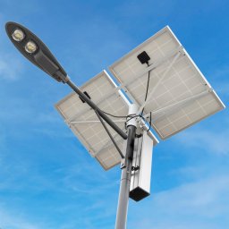 Stalp de iluminat stradal PNI SL802 cu doua panouri fotovoltaice 2 x 80W, proiector LED 2 x 30W, acumulator 60Ah si stalp de montaj lungime 6 metri