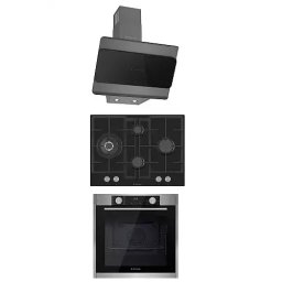 Cuptor Pachet incorporabil Studio Casa Lean Bellagio, Cuptor electric, Plita gaz sticla neagra 70 cm si Hota decorativa sticla neagra, 10 functii, 81 l, Grill, Rotisor, Ventilator, Display Touch, Sticla neagra / Inox