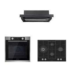 Cuptor Pachet incorporabil Studio Casa Nero Bellagio, Cuptor electric, Plita gaz sticla neagra 70 cm si Hota telescopica neagra, 10 functii, 81 l, Grill, Rotisor, Ventilator, Autocuratare catalitica, Display Touch, Sticla neagra / Inox