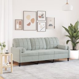 Canapea cu 3 locuri cu pernute, gri deschis, 180 cm, catifea GartenMobel Dekor