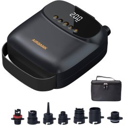 Pompa electrica cu acumulator pentru SUP, Caiac, Kite, Saltea, 20PSI, 5200mAh, 2 motoare (volum+compresor), Airbank, Powerbank, Lanterna, Umflare-Dezumflare, 7 adaptoare, USB-C, USB A, 12V auto, Geanta transport