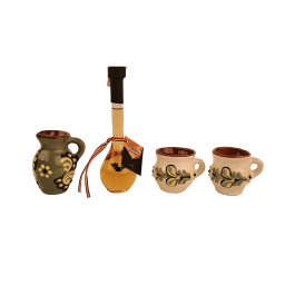 Pachet suveniruri cu miniatura carafa, doua canute ceramica Bledea si sticluta artizanala cu liliac Palinca Celar 50 ml