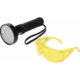 Set lanterna UV si ochelari de protectie YT-08582, Aluminiu, 100 LED-uri, 19.5 x 7.8 cm, Negru/Galben