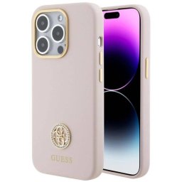Husa Guess Liquid Silicone 4G Strass Metal Logo pentru iPhone 15 Pro Roz