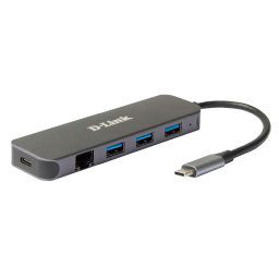 HUB extern D-LINK, porturi 3 x SuperSpeed USB 3.0, 1 x USB-C with data sync & PD 60W, 1 x RJ-45 Gigabit, conec prin USB Type C, cablu 10 cm, metalic, argintiu